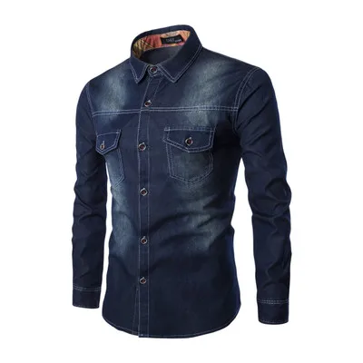 

Black Buttons Casual 3D Stylish Longtline Demin Jeans Men shirt, Request