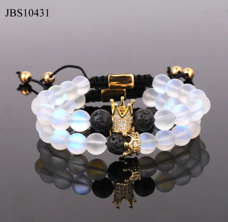 

2019 New Fashion CZ crown charm matte glass white AB color beads handmade men women couple macrame bracelet