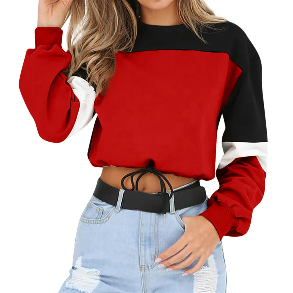 

New Design Autumn Winter Casual O Neck Patchwork Long Sleeve Lace Up Loose Sweatshirt Women Crop Top Hoodie