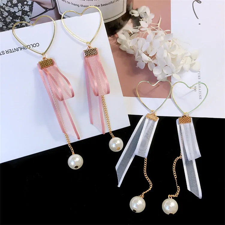 

Korea Style Fashion Peach Heart Earrings Melting Lace Ribbon Earrings Long Pearl Earrings for Women, White/pink