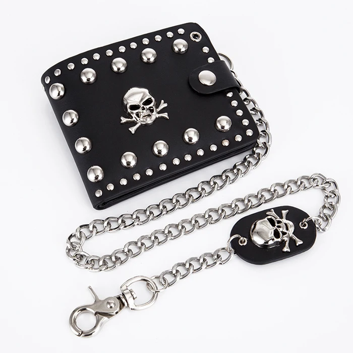 

Hot Selling European American Style Fashion Punk Rivet Skull Head Bag Individual Custom Design Chain PU Leather Wallet