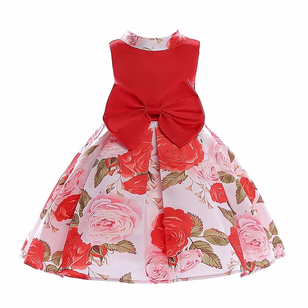 

Girls One Piece Flower Print Bowknot Special Occasion Dress Princess Gowns Wedding Pageant Party Costume Bridesmaid, Rose red;red