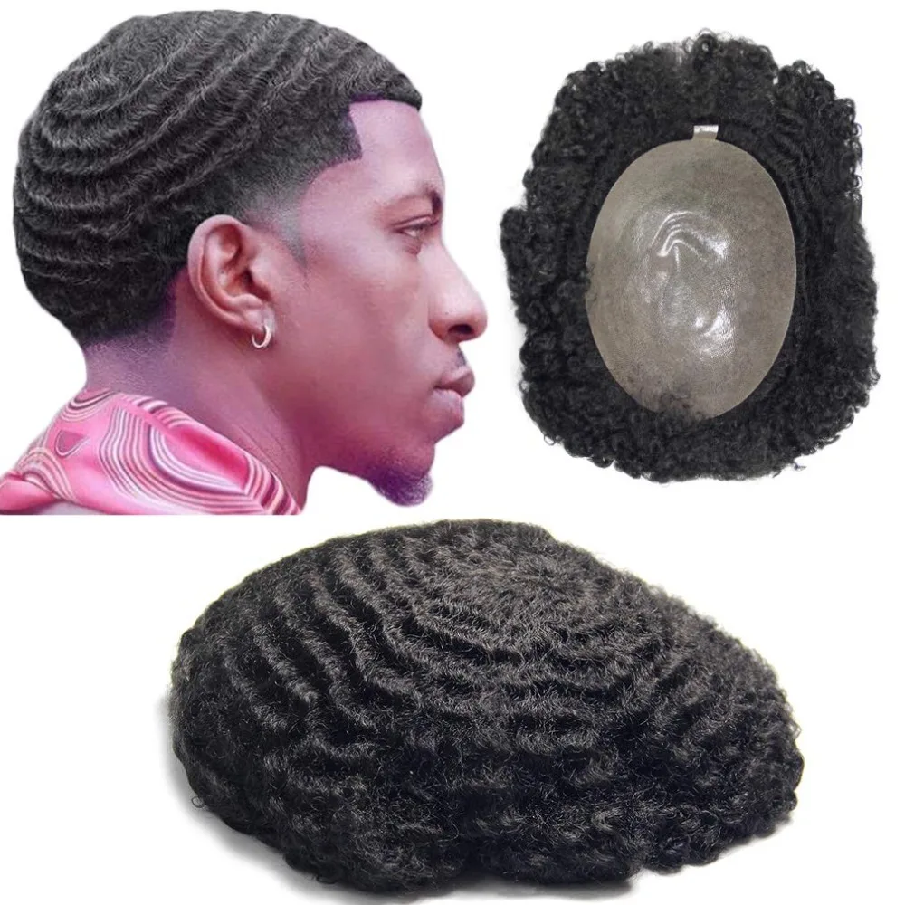 

Man Weave Hair 360 Waves 100% Remy Human Hair African Toupee for Men PU