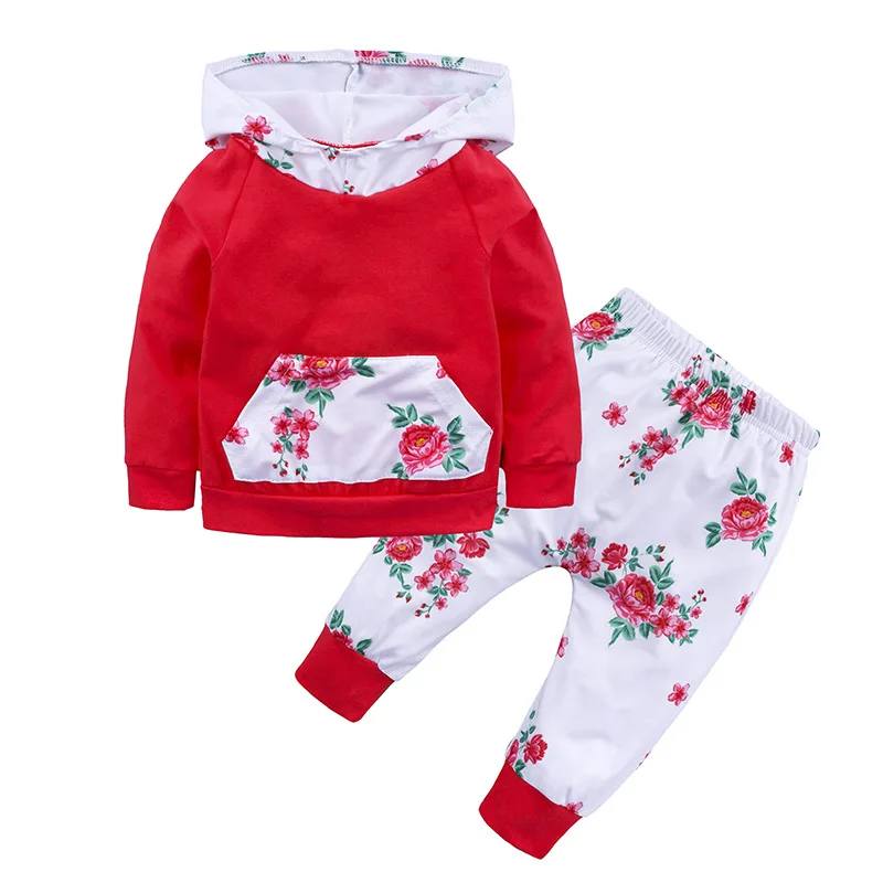 

Baby girls clothing sets 2018 Spring infant red sweatshirts floral pants 2pcs sports suits newborn girl clothes, Red/white