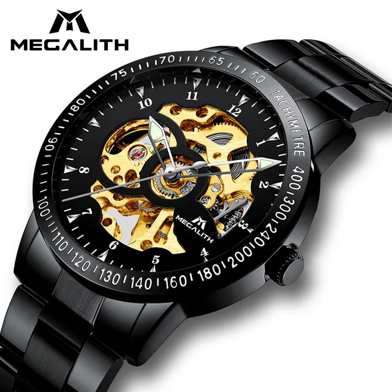 

Megalith brand high quality hot sale shock resistant luxury skeleton stainless steel male clock watch sport men automatic watch, N/a