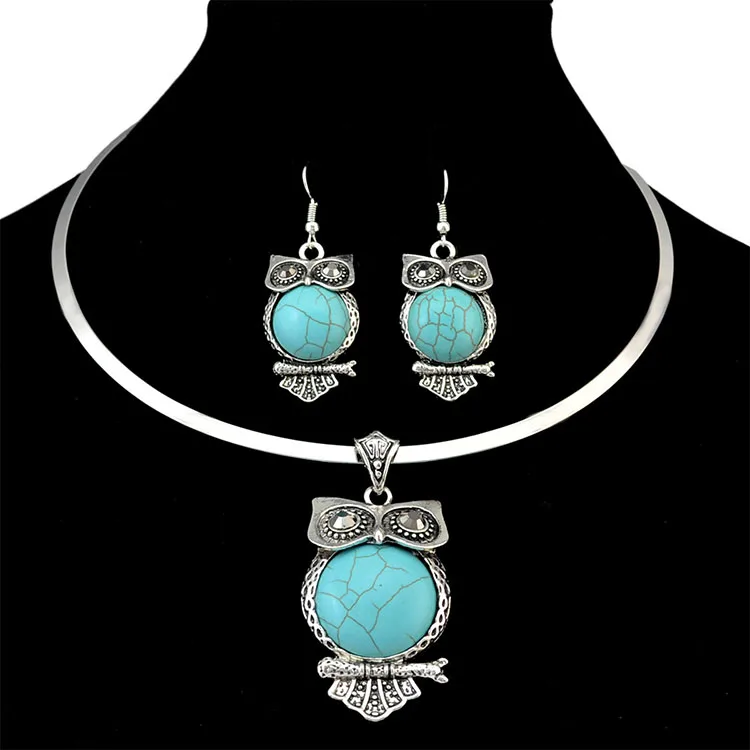 

Bohemian Silver Vintage Necklaces Inlay Natural Turquoise Owl Shape Pendant Necklace Earrings For Women Jewelry Set, White;green