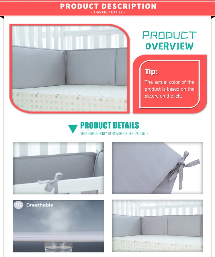 4 Piece Grey Color Cotton Baby Breathable Baby Crib Bumper Pads