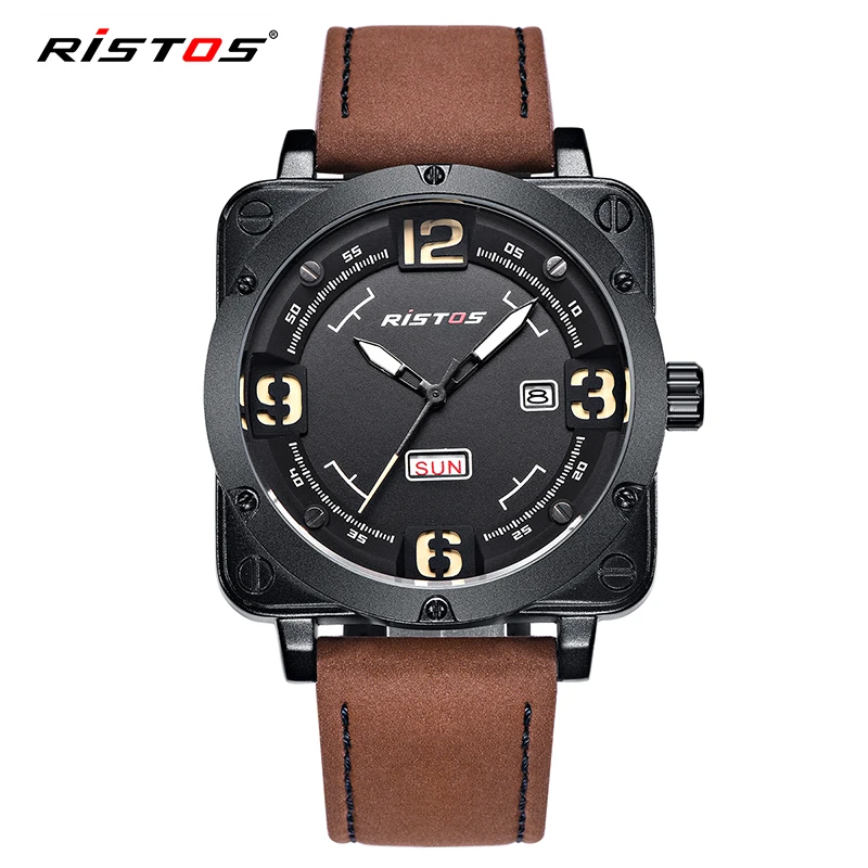 

RISTOS 9320 Watch Luxury Brand Genuine Leather Sports Quartz Watches Men Fashion Watches Men Wrist, 3 color for choice
