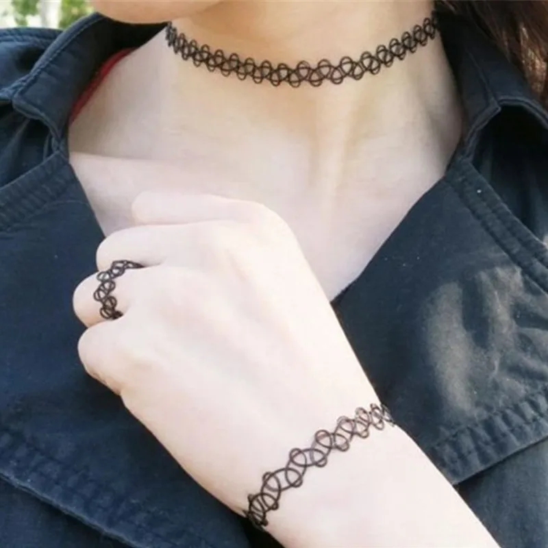 

>>>Collares Women Vintage Gothic Punk Stretch Tattoo Choker Necklace Set Henna Choker Set, Black