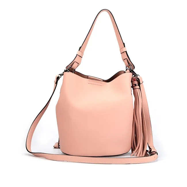 5896-Pink color laser double side PU fashion women tassel bags 2017