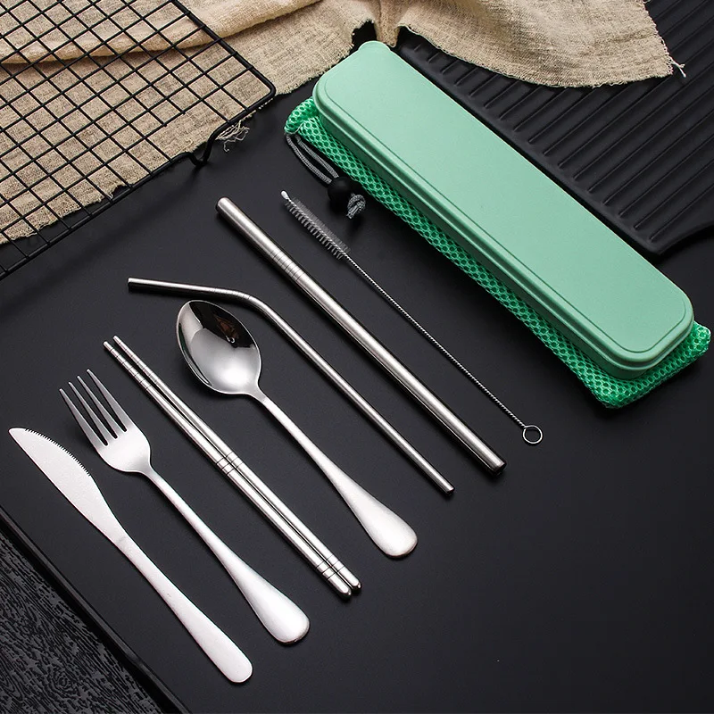 

2020 Best Selling 9 pcs Reusable Lunch Cutlery Set/Stainless Steel Straws with Brush/Travel Camping Flatware Set Utensils, Silver