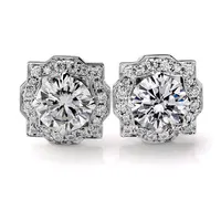 

High quality lab created 18k white gold patterned drill studs round shape loose moissanite diamond earrings