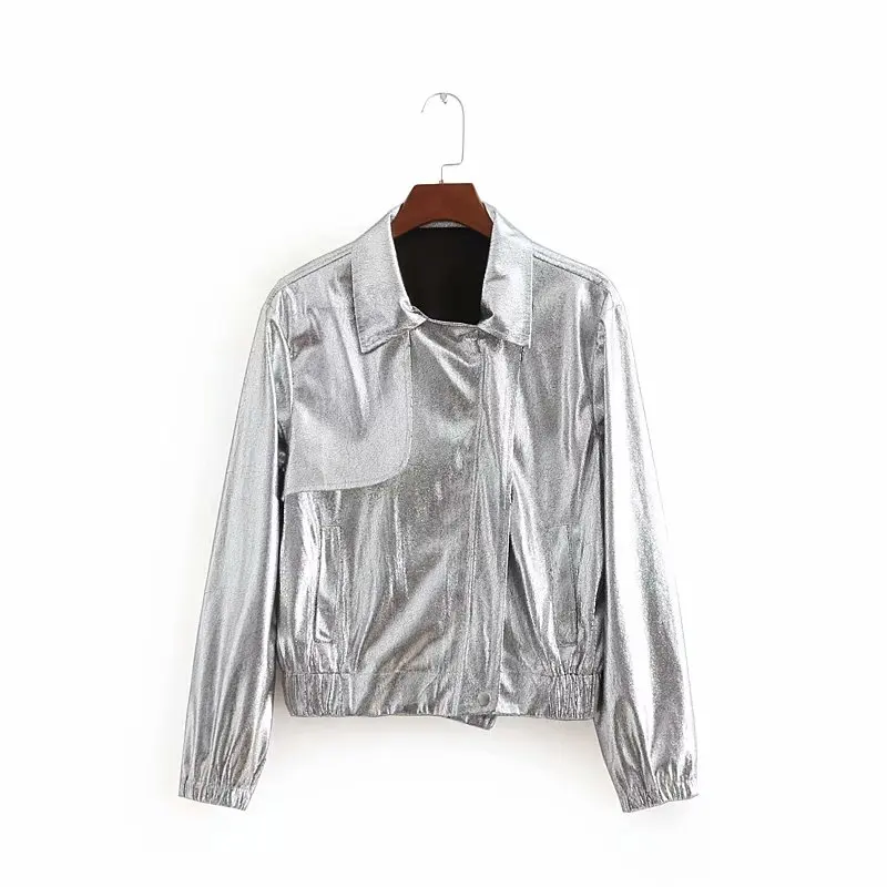

Metallic silver color long sleeve ladies autumn spring fashion custom baseball jacket