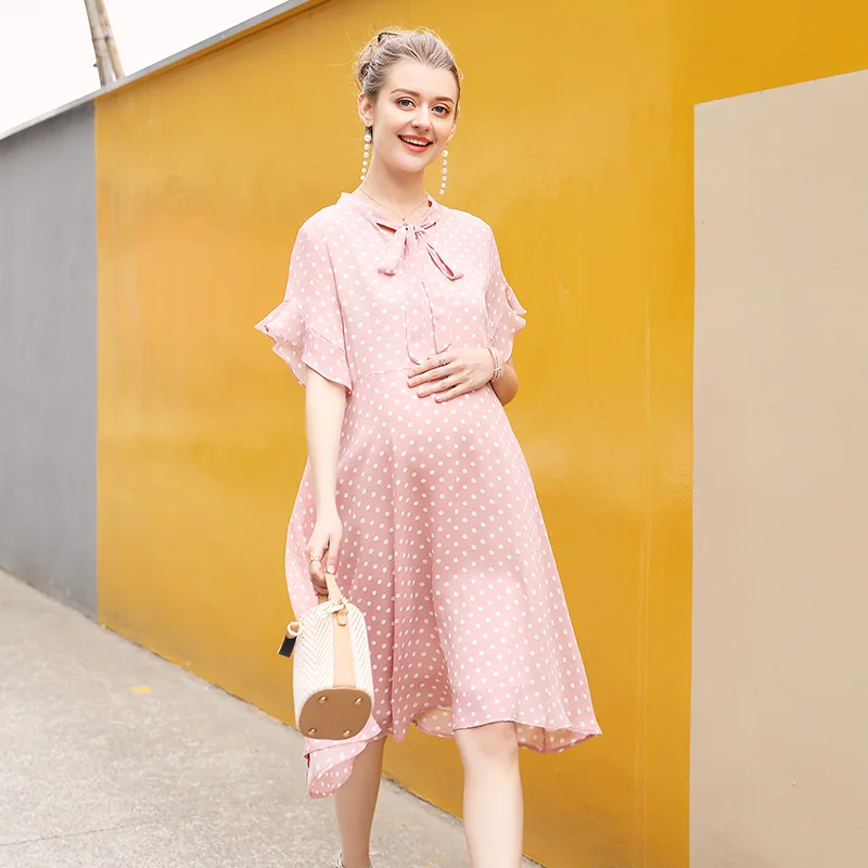 

Women High Quality 100%Polyester Chiffon Polka-Dot Printed Fashion Maternity Dress, Yellow,pink/customized