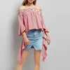 Latest Summer Red Gingham Off Shoulder Flared Frill Sleeves Lady Tops