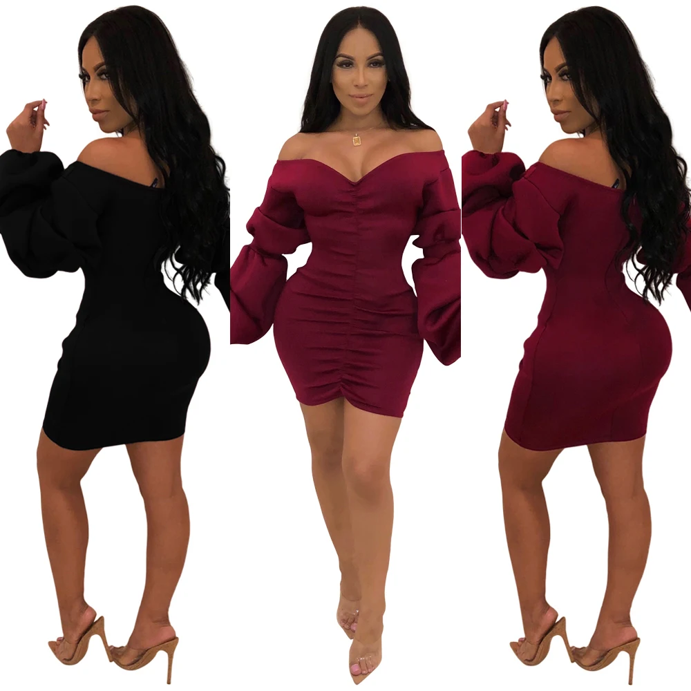 Sexy Slim Pack Hip Pleated Puff Sleeve One-Shoulder V-Neck Dress