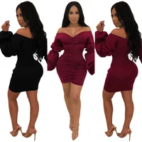 

Sexy Slim Pack Hip Pleated Puff Sleeve One-Shoulder V-Neck Dress