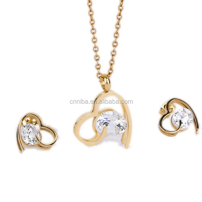 

Gold Earrings Stainless Steel costume Heart Crystal Necklace & Earrings Gold Jewelry Sets