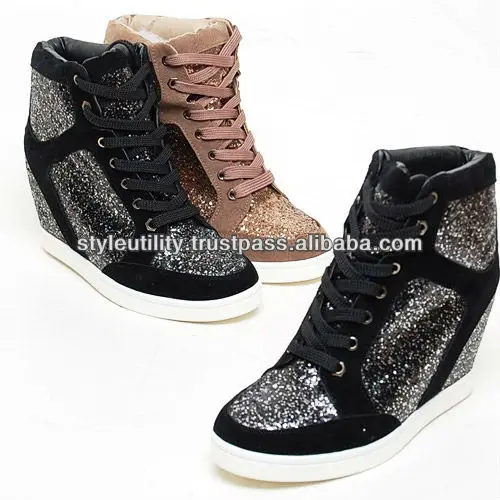 black sequin wedge sneakers