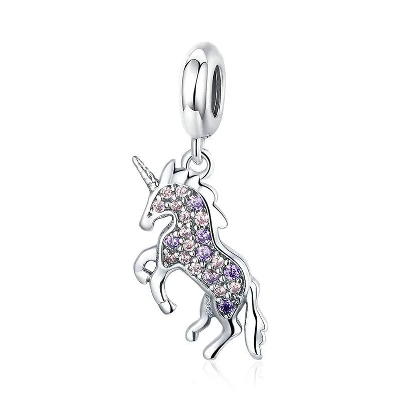 

925 Sterling Silver Licorne Memory Pendant Colorful CZ Animal Charms Fit Women Bracelets Necklaces Jewelry Making BAMOER