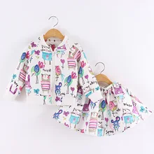 Retail 2016 Spring and autumn next Cartoons graffiti Long sleeve Brand Girls Clothing Sport Suits Toddler ( Jacket + Skirt )