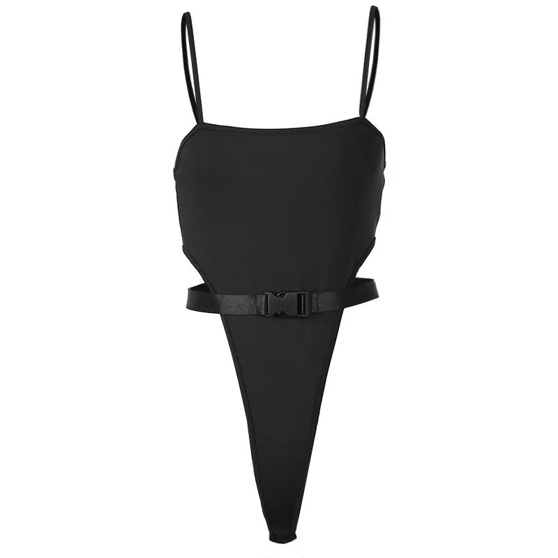 

High Waist Bodycon Sexy Women Bodysuit Black Spaghetti Strap Bodysuit with Plastic Buckle Short Rompers Jumpsuit Club