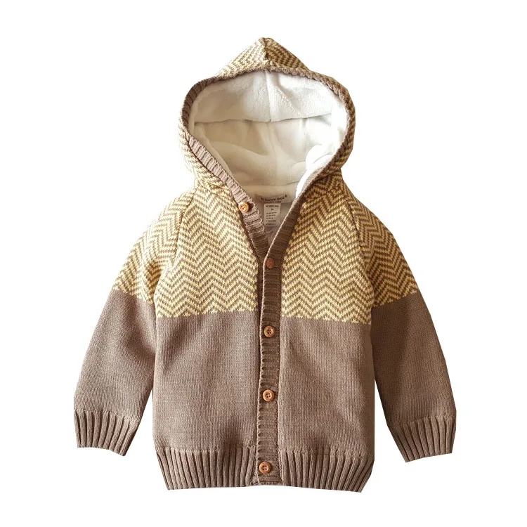 

Fashion design kids khaki knitted fleece jacket boys hoodies winter coat