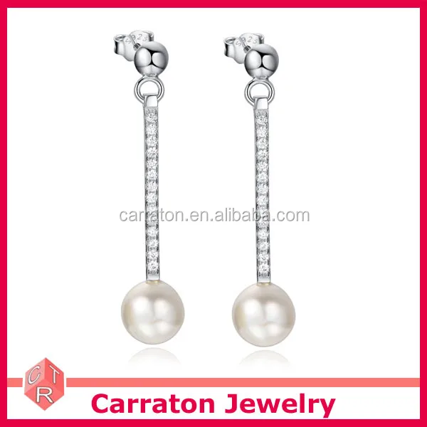 Best Quality 925 Silver CZ Imitation Pearl Cheap Long Earrings