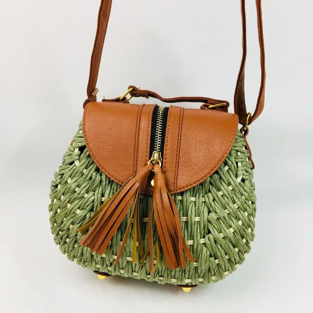 

Eco-friendly New Summer Beach Lady Handbag Wheat Straws Bag Weaving Tassel Crossbody Saddle Bag, White, khaki, green, beige, brown