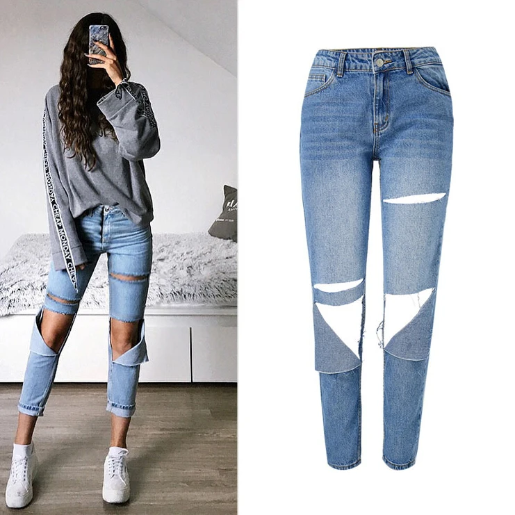 

New arrival women boutique denim jeans vintage high waist ripped holes jeans trousers young ladies name brand jeans pent