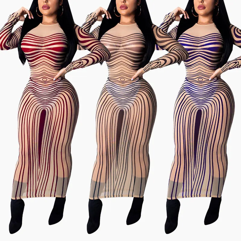 

81228-MX30 transparent sexy printed long club dress for mature woman