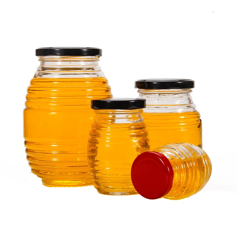 

100ml 180ml 380ml 730ml threaded bee shape honey glass jar with screw lid, fancy round thread shape glass bottle jar