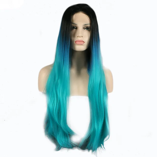 Straight Black Teal Blue Synthetic Lace Front Wigs Ombre Turquoise