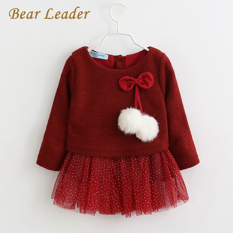 

Bear Leader Baby Girls Dress Autumn Winter long-sleeve princess dress Ball of yarn Kids Clothes Children Party Baby Girl Dress, Pink red gray