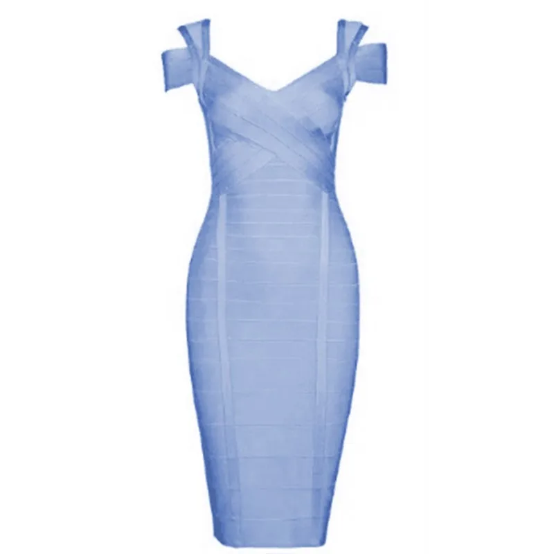 

2018 promotion Elegant Strap Shortsleeve Over Knee Light Blue Bandage Dress