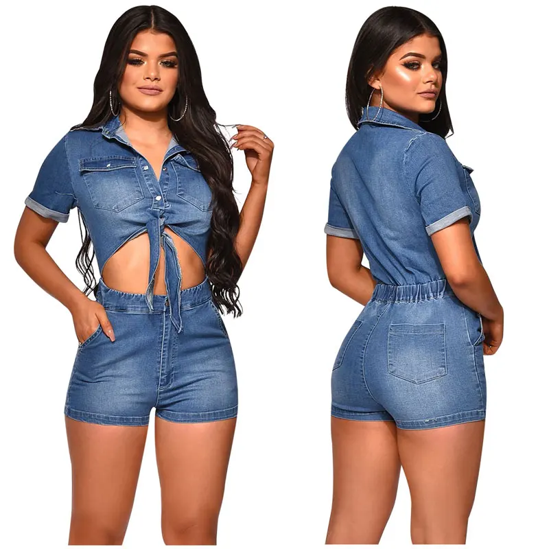 

90604-MX53 short jeans knot tops design women denim rompers