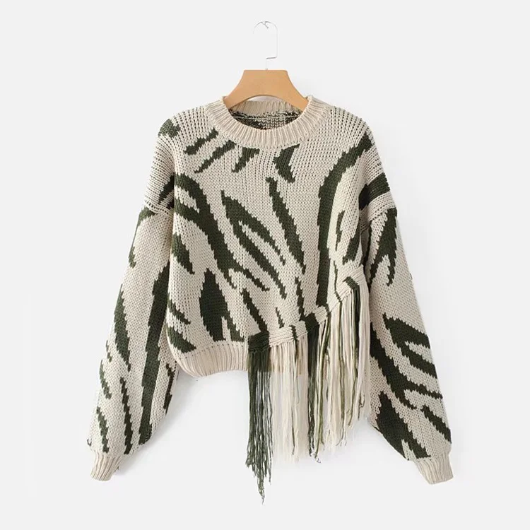 

Women free size knitted sweater oem jacquard pullover streetwear fringe sweater, Blocking