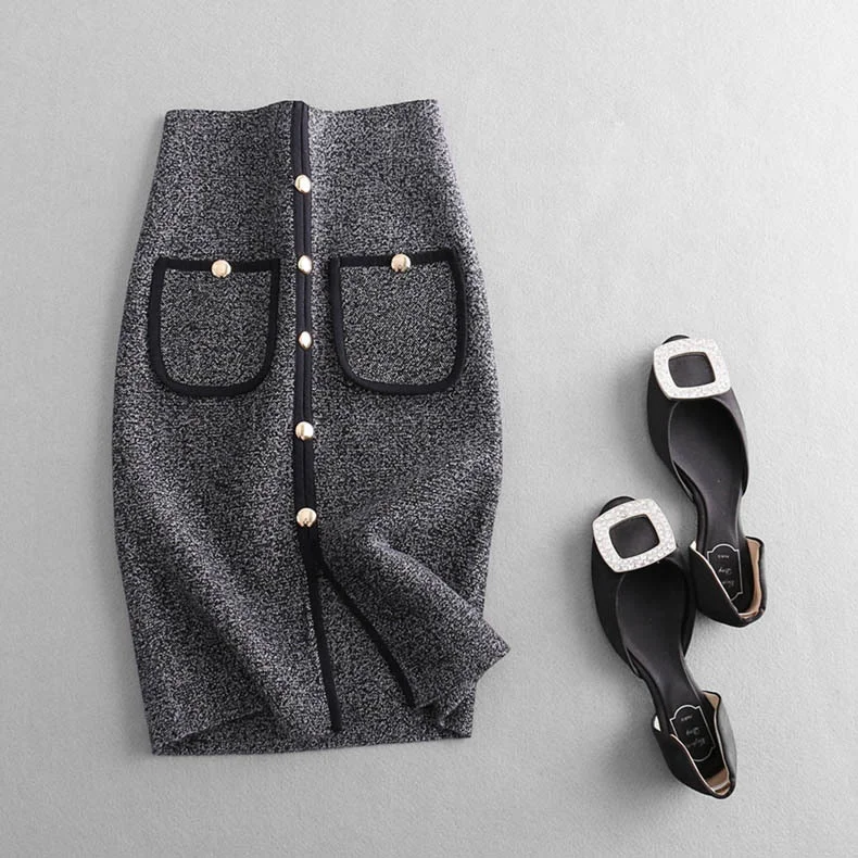 

Vintage design autumn winter England style metallic rivet knit thick high waist tube skirt, As photo or customized