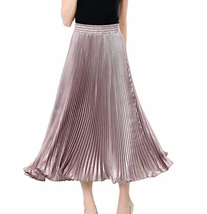 

Autumn elastic band Skirt Women shinny metallic luster color Pleated Skirt High Waist A-Line with big hem Retro Midi Skirts