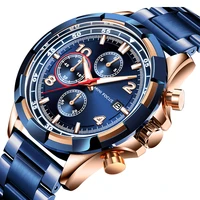 

MINI FOCUS Fashion Watches Men Wrist 2019 Sports Blue Rose Gold Chrono 3 Dials Top Brand Luxury Stainless Steel Luminous Watch