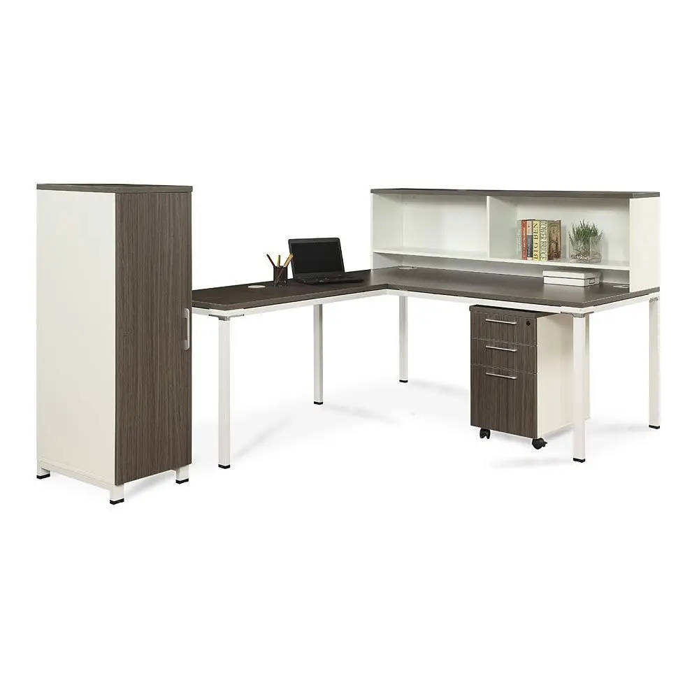 72"W L-Desk with Hutch, Pedestal and Wardrobe Storage Driftwood Laminate Top and Drawers/Beige Fabric/White FramesWeight: 422 lbs.