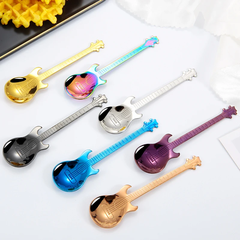 

Creative Stainless Steel Colorful Guitar Shaped Tea Coffee Ice Cream Spoon, Gold;sliver;black;rose gold;blue;rainbow;purple