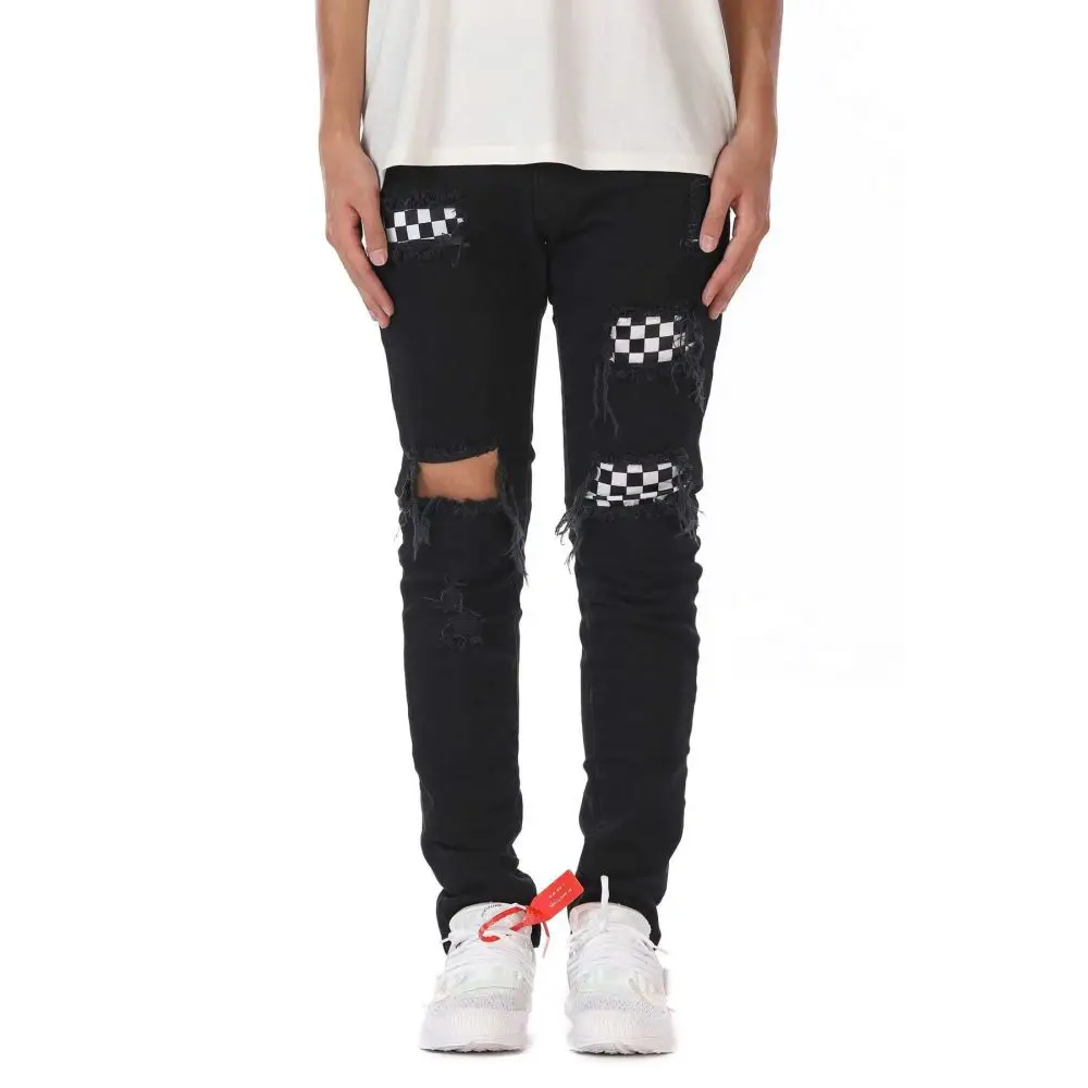 

DiZNEW OEM 98% cotton 2% elastane black denim custom mens knee rip checkered jeans wholesale, As picture or customized