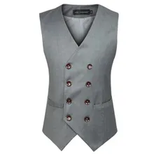 New Fashion Male British Style Slim Cotton Double Breasted Grey Black Sleeveless Jacket Waistcoat Suit Vests Mens Vest