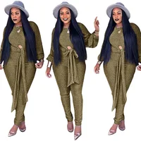 

FM-K8670 Brand Factory Women 2 Piece Set Outfits Tie Bow Crop Top + Skinny Long Pants Sets Tracksuits For Women Custom