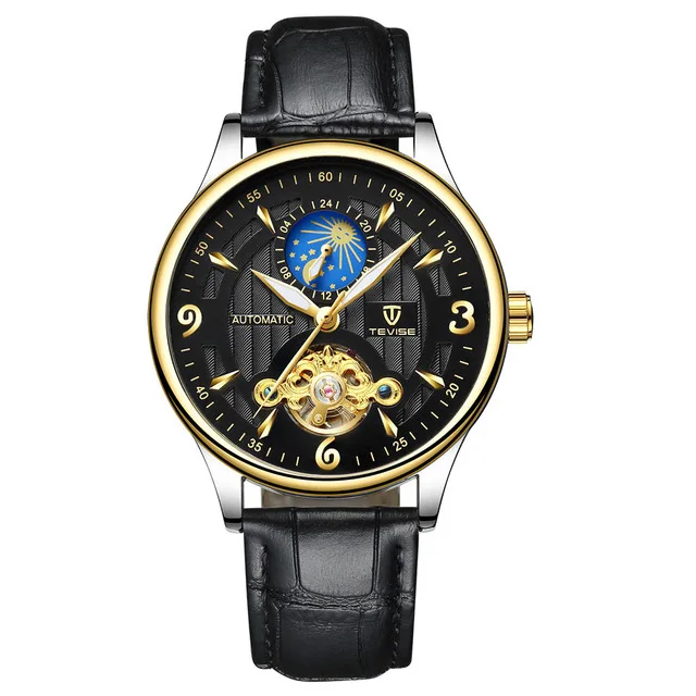 

TEVISE Luxury Waterproof Automatic Men Mechanical Watch Moon Phase Luminous Self-Winding Man Casual Wristwatch Leather