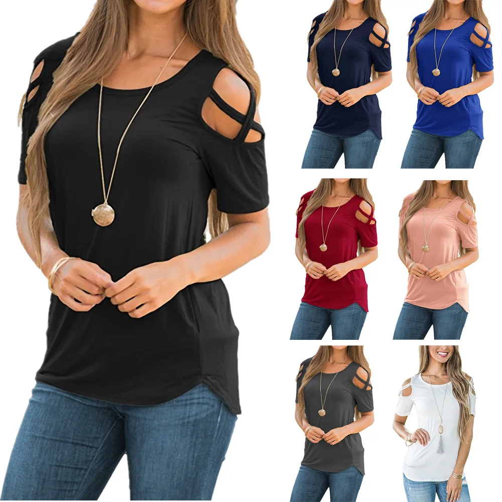 

New Fashion O-Neck Short Sleeve Strapless Cheap Cotton Women t-shirts, 10 colors for choose