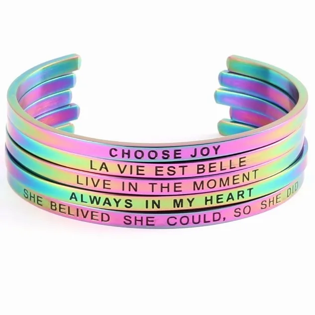 

New Rainbow Stainless Steel Metal Gift Bangle Engraved Positive Inspirational Quote Cuff Bracelets For Women Best Gifts