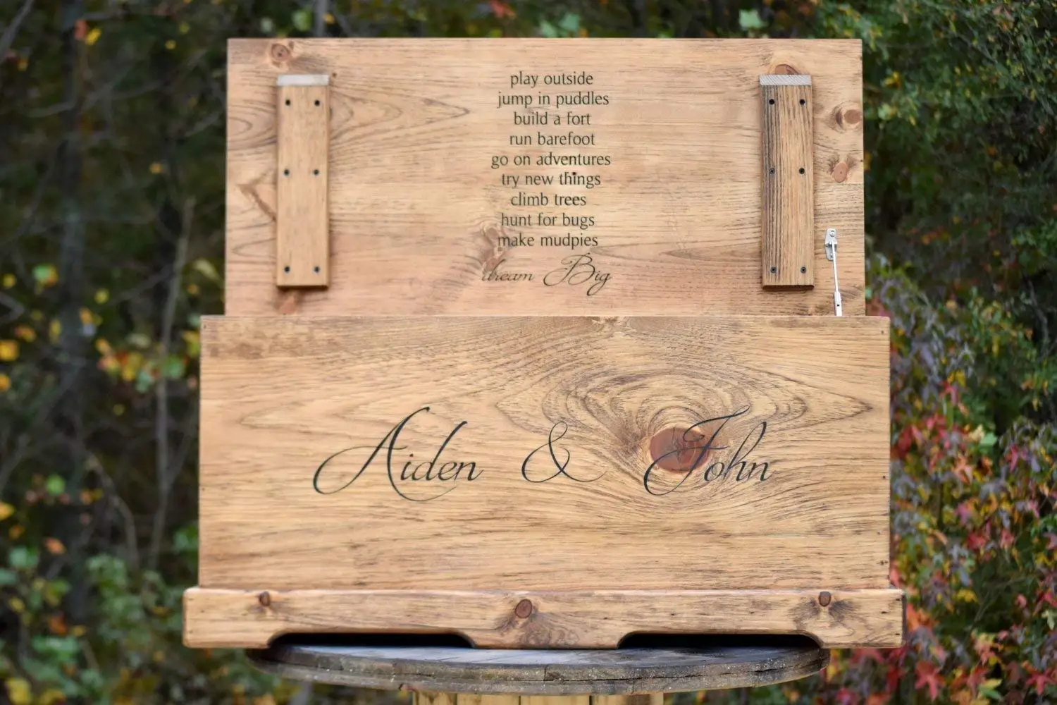 engraved wooden toy chest