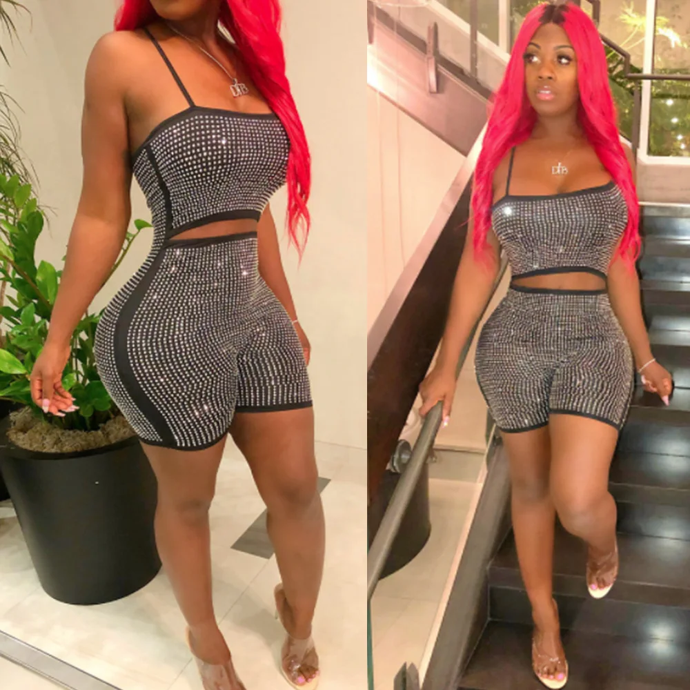 

FM-K8681 Newest backless sexy ladies night clubwear rhinestone short reflective jumpsuits 2019, As picture